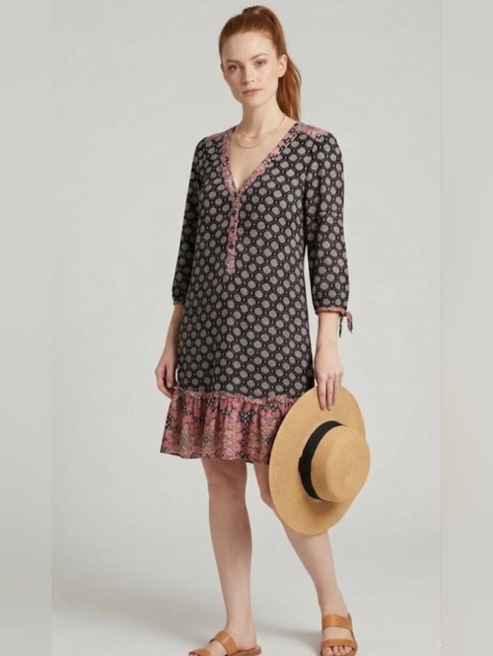 H&M 100% Cotton Floral  Long-sleeve Mini Dress / Sz 6 / Black, Dusty Rose